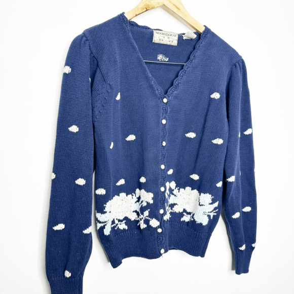 vtg 90s WOODS & GRAY floral cross stitch embroidered cardigan sweater navy M - Picture 2 of 7